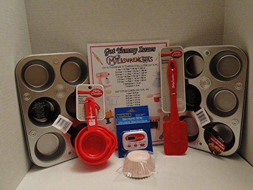 7 Piece Baking Bundle Set: 6 Cup Muffin/Cupcakes Pans Baking Cups Measuring Cups Spatula Timer Cheat Sheet