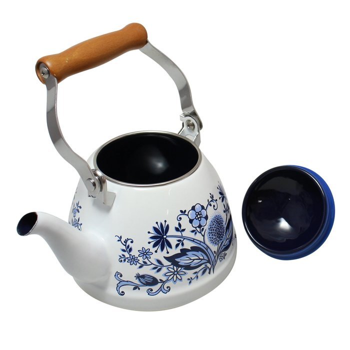 JustNile Country-Style Decorative Enameled iron Tea Kettle with Vintage Wooden Handle - 1.2 Quarts, Navy Blue...