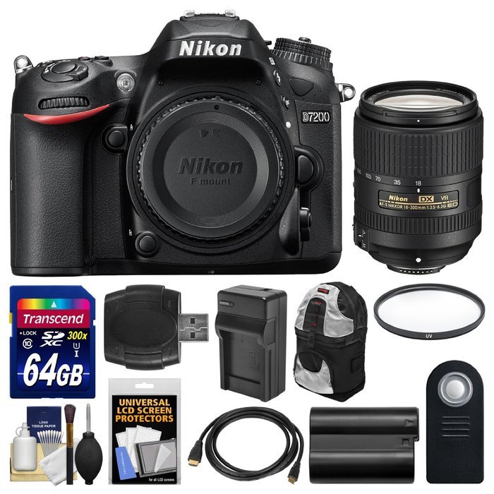 Nikon D7200 Wi-Fi Digital SLR Camera Body with 18-300mm VR Lens + 64GB Card + Backpack + Battery/Charger + Kit N5