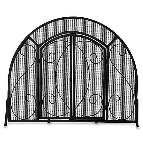 Black Wrought Iron Single-Panel Fireplace Screen with Doors