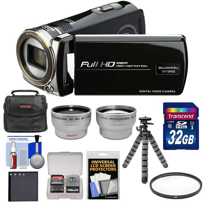 Bell & Howell DV12HDZ 1080p HD Video Camera Camcorder (Black) with 32GB Card + Battery + Case + Flex Tripod +...
