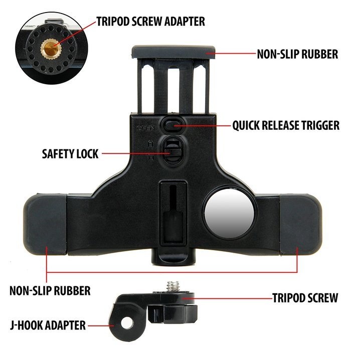 Smartphone Tripod and Action Cam Mount Adapter by USA Gear with Standard Tripod Socket and J-Hook Attachment for... N3