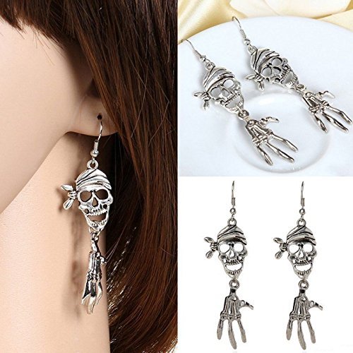 1 Pair Vintage Silver Skull Skeleton Dangle Hallowen XMAS Earrings Women Gift
