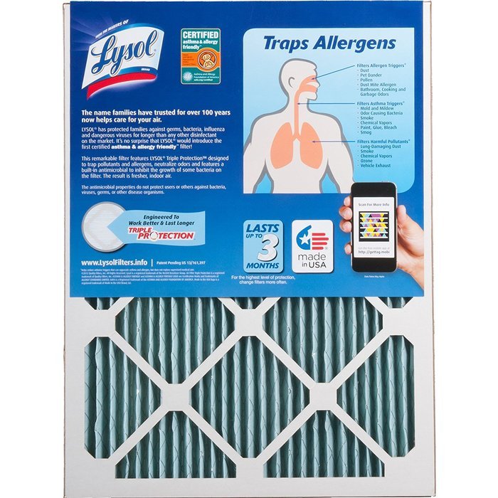 Lysol Triple Protection Furnace/AC Air Filter, 12" x 24" x 1", 2-Pack N4
