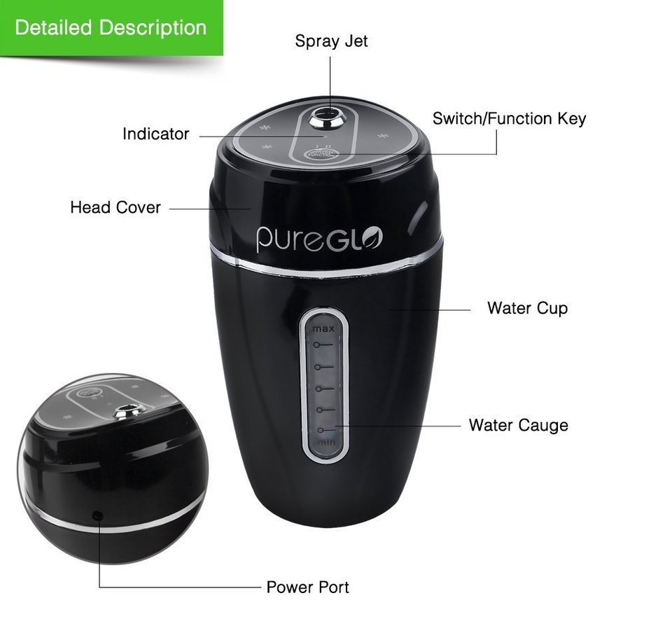 pureGLO Portable Mini USB Car Humidifier - 180ML Small Air Mist Purifier with Vehicle Mount - Travel Diffuser...
