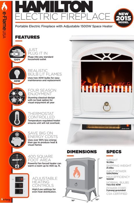 Hamilton 22-inch Portable Free Standing 1500W Electric Fireplace Stove with Realistic Fire and Vintage Logs -... N6