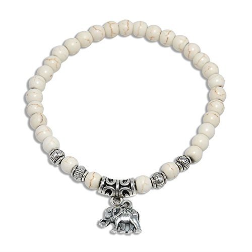 White Turquoise 6MM Beads Tibet Silver Charm Elephant Pendant Elastic Bracelet N2