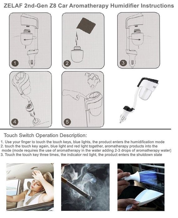 Car Humidifier Aromatherapy, ZELAF 2nd-Gen Z8 Mini Travel Portable Cool Mist Ultrasonic Humidifier & Aroma Diffuser...
