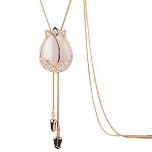 Striking Women's Beauty Tulip Flower Pendant Crystal Rhinestones Long Necklace White N2