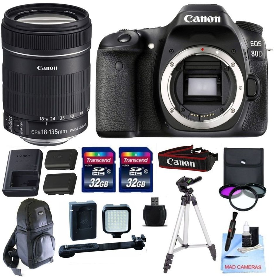 Canon EOS 80D + Canon EF-S 18-135mm f/3.5-5.6 IS USM Lens + 2 32GB Transcend SD Memory Cards + Spare LP E6 + LED... N2