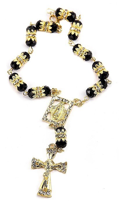 Black Crystal Zircon Beads Gold Color Car Rearview Mirror Rosary (Jerusalem) N3