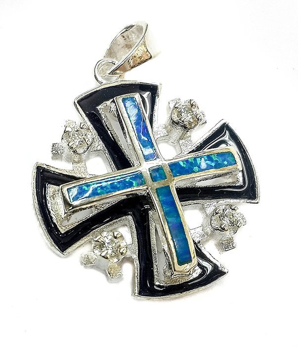 JERUSALEM CROSS Silver 925 Opal Stone with Black Enamel Pendant Zircons Crystal