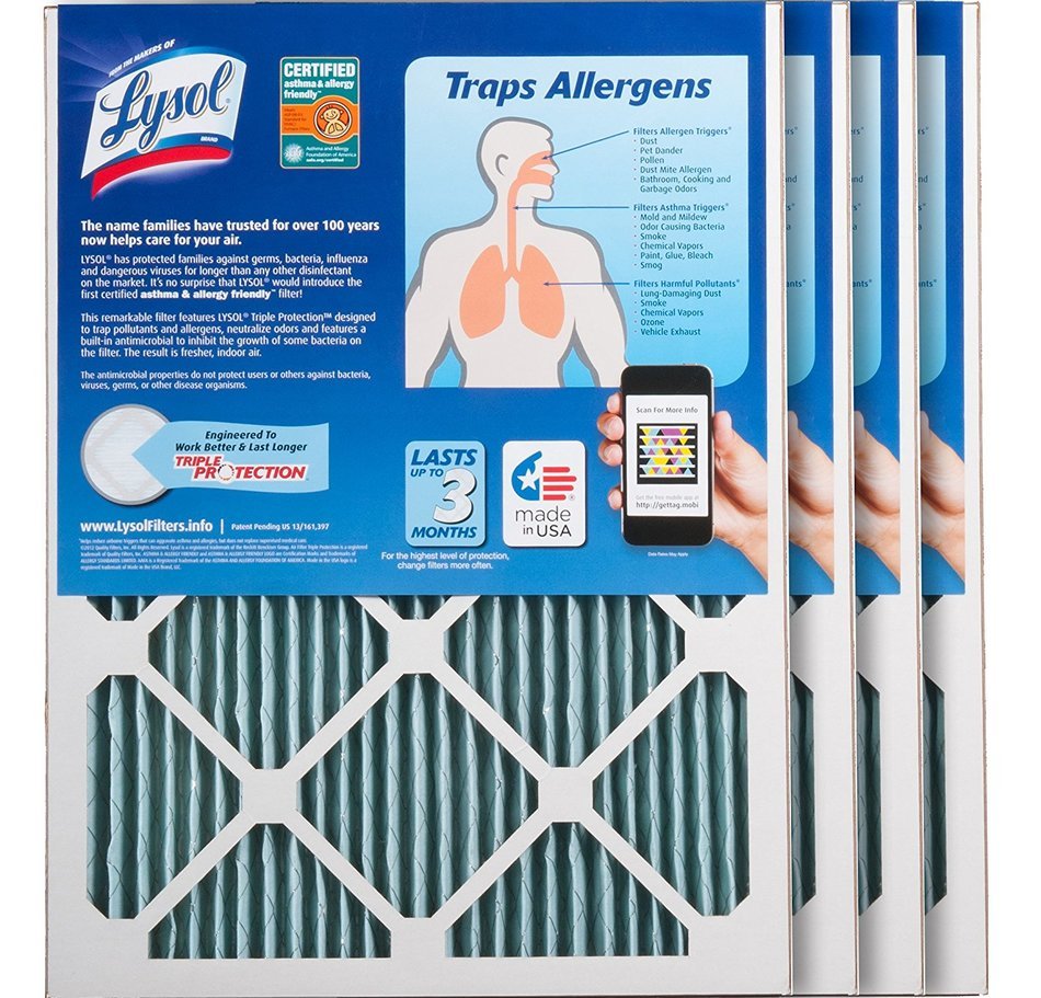 Lysol Triple Protection Furnace/AC Air Filter, 12" x 24" x 1", 2-Pack N11