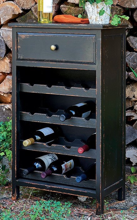 Farmhouse Wine Cabinet with Drawer, Distressed Black Finish, Holds 16 Bottles