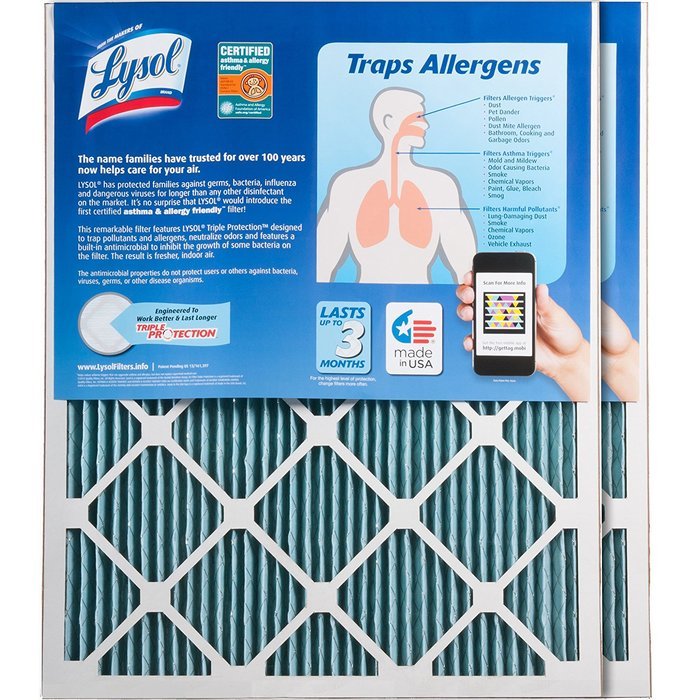 Lysol Triple Protection Furnace/AC Air Filter, 12" x 24" x 1", 2-Pack N13