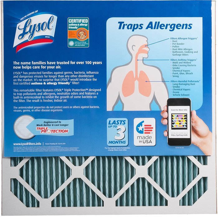 Lysol Triple Protection Furnace/AC Air Filter, 12" x 24" x 1", 2-Pack N15
