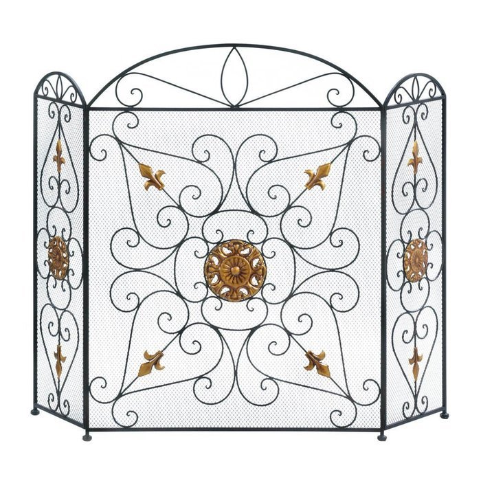 GHP Home 3-Panel Iron Mesh Splendor Fireplace Screen Embellished With Golden Ornaments