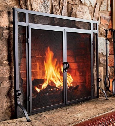 44"W x 33"H Solid Steel Flat Guard Fire Screen With Doors, in Black