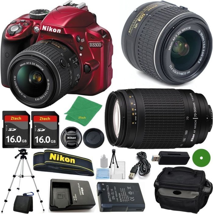 Nikon D3300 Red DSLR - International Version (No Warranty), 18-55mm f/3.5-5.6 DX VR, Nikon 70-300mm f/4-5.6G Nikkor...