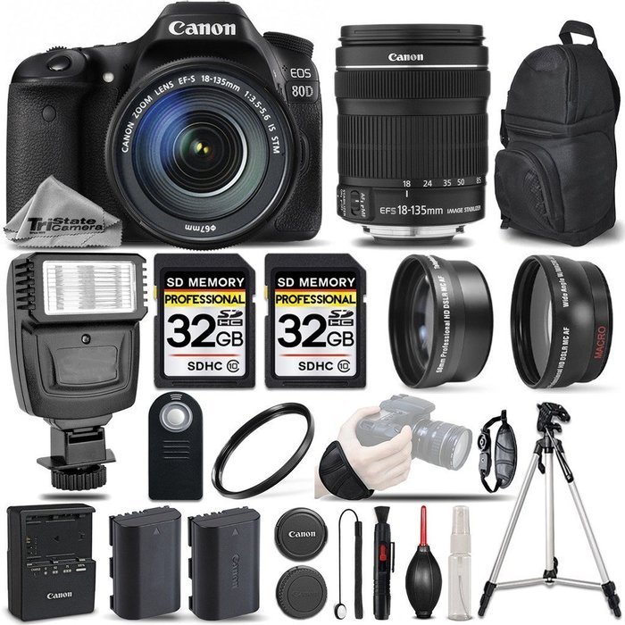 Canon EOS 80D Wi-Fi Full HD 1080P Digital SLR Camera + Canon 18-135mm IS STM Lens + Flash + 0.43x Wide Angle Lens... N5