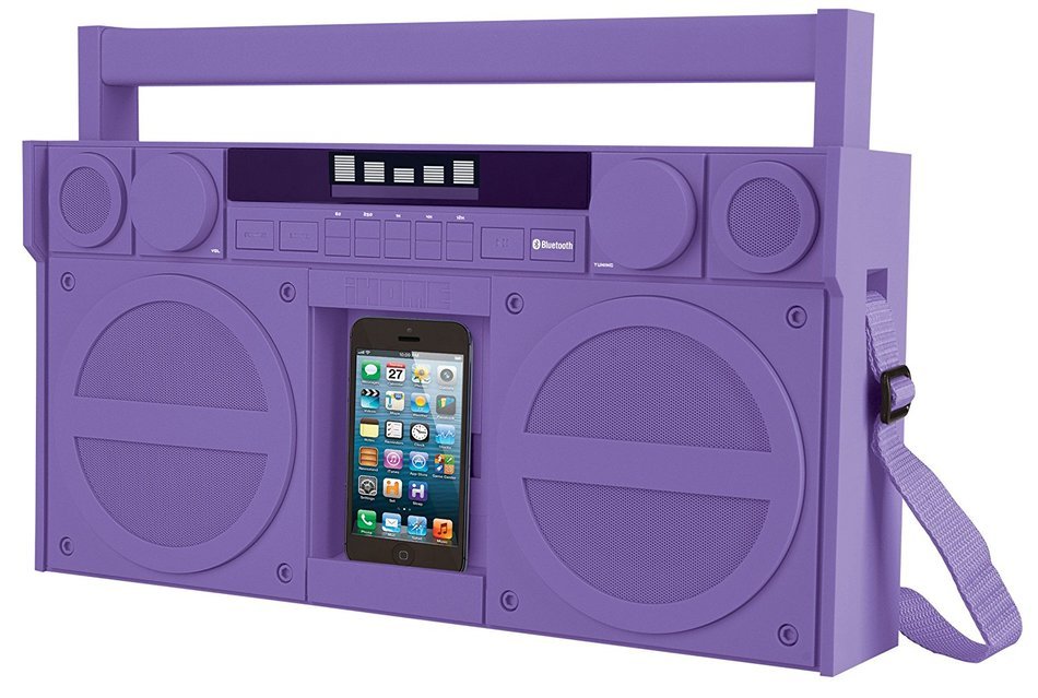 iHome Bluetooth Portable FM Stereo Boombox with USB Charging in Rubberized Finish - Purple (iBT44UC)