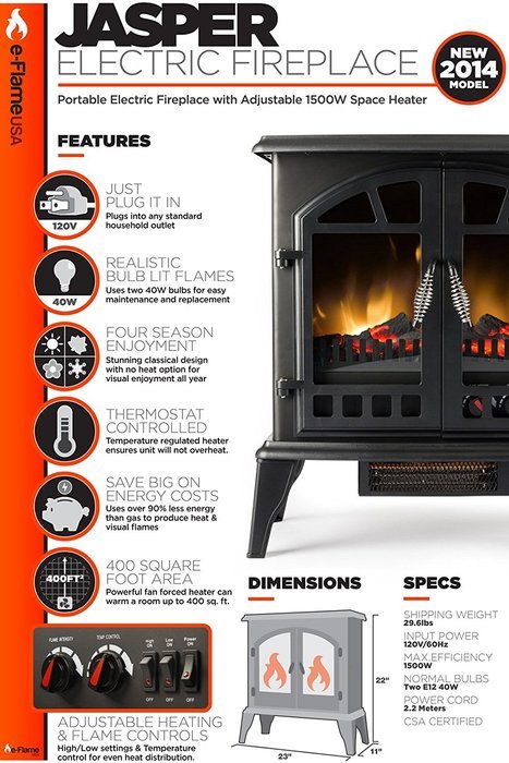 Jasper Free Standing Electric Fireplace Stove - 25 Inch Black Portable Electric Vintage Fireplace with Realistic... N9
