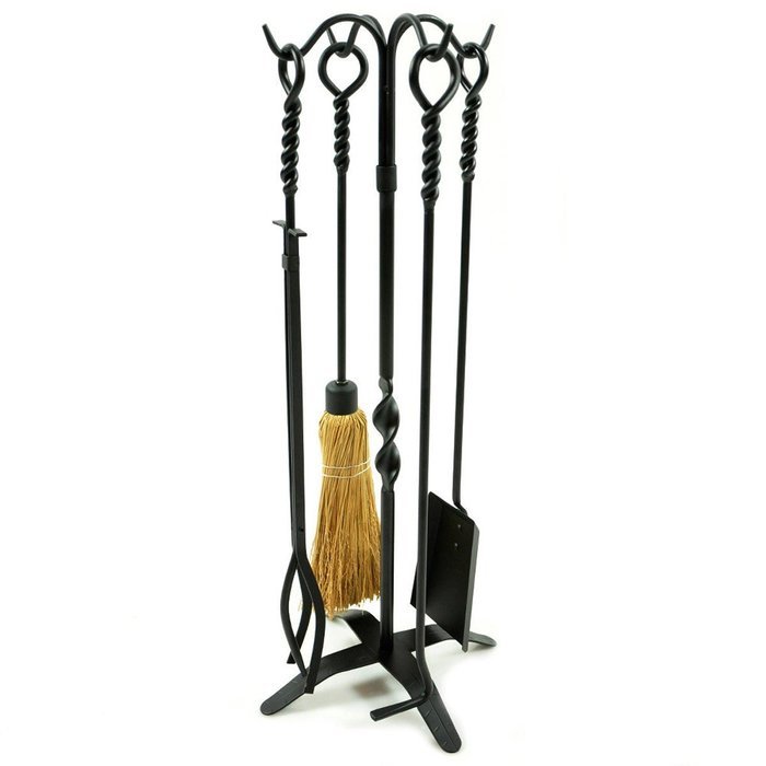 WoodEze FTKB05685TA 5 Piece Black Wrought Iron Fireplace Tool Set with Twist Design