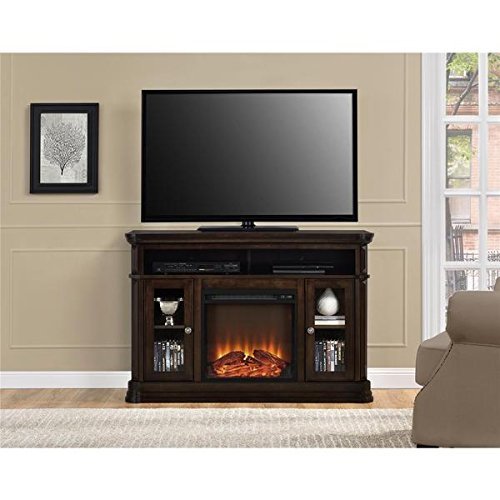 Wood Veneer Brooklyn Fireplace 50'' TV Console, LED Lights, 1400 Watts, 2 Glass Doors, Espresso