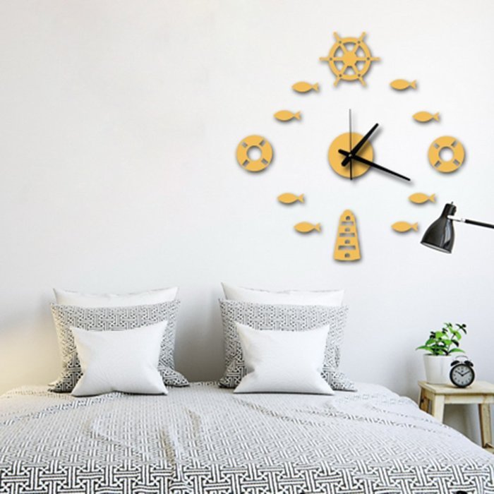 MuLuo Mediterranean DIY Rudder Fish Lifebuoy Wall Clock 3D Wall Stickers Watches Home Decor silver N2