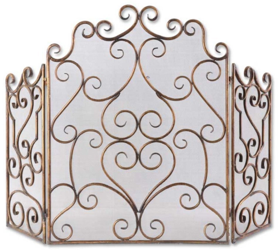 36" Gold and Bronze Fireplace Screen with Hand Forged Iron Scrolling Design