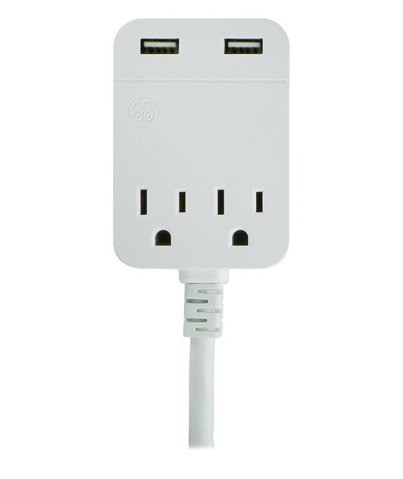 GE USB Charging Extension Cord with Surge Protection, 2 Outlet, 2 USB, 2.4A/12W, 12 ft. Cord, White, 32089 N2