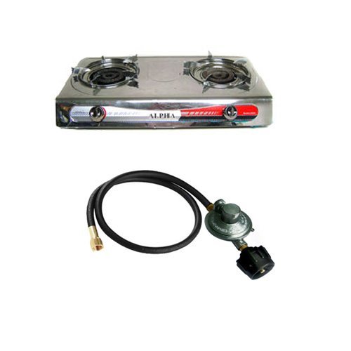 Portable Propane Gas Stove 2 Double Burner Range BBQ and New Regulator Hose