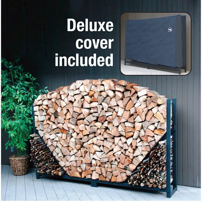 ShelterIt Straight Firewood Log Rack with Kindling Wood Holder and Waterproof Cover, 4', Black N3