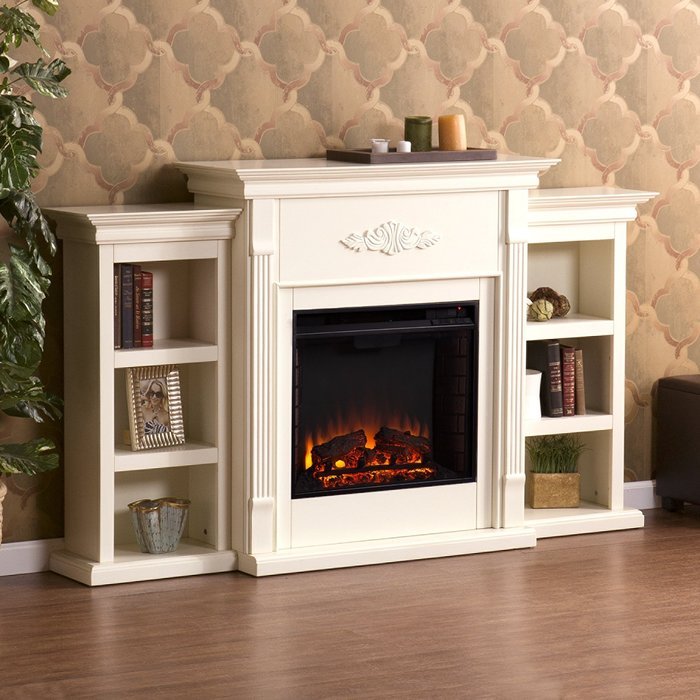 42" Electric Fireplace LED Light with Book Shelf , TV Media Stand Console, Ivory Finish