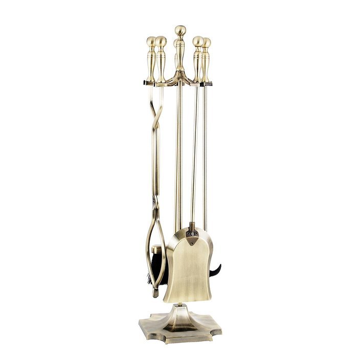 Square Base 4-Piece Antique Brass Fireplace Tool Set