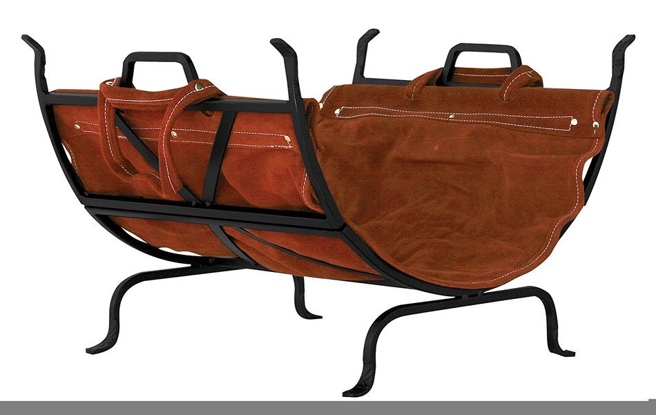 Uniflame BLACK WROUGHT IRON LOG HOLDER WITH LEATHER CARRIER