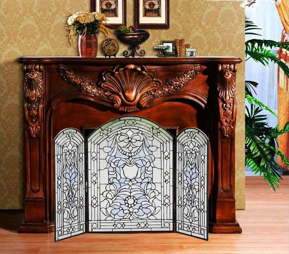 Makenier Vintage Tiffany Style Stained Art Glass Decorative 3-panel Fireplace Folding Screen Firewall N8