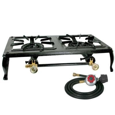 Propane Gas Stove in Cast Iron Design Portable Features Double Burner with 5 ft. Regulator Hose Kit, Perfect for...