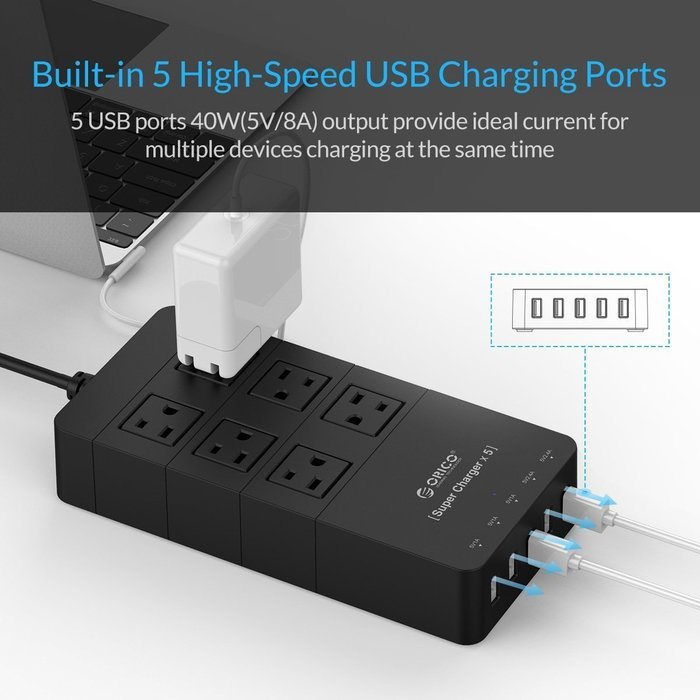 ORICO Home/office 6-Outlet Surge Protector Power Strip 5ft Power Cord with 5 Port 40W USB Charger,1700 Joule -... N4