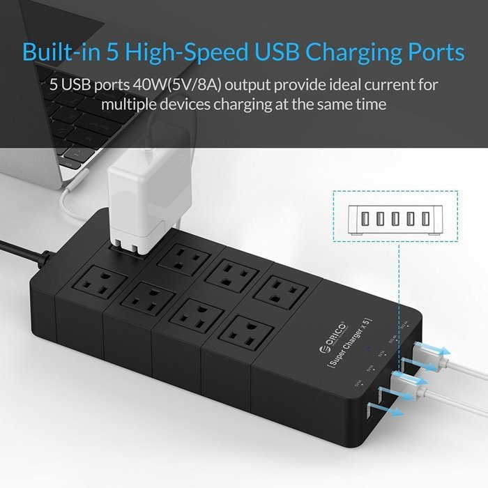 ORICO Home/office 6-Outlet Surge Protector Power Strip 5ft Power Cord with 5 Port 40W USB Charger,1700 Joule -... N9