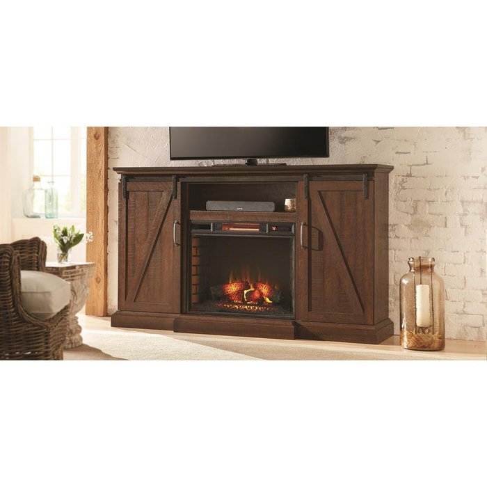 Brand New & Portable Indoor Brown Electric Fireplace Media Console Heater with TV Stand &ndash; Can Hold up to 80 in...