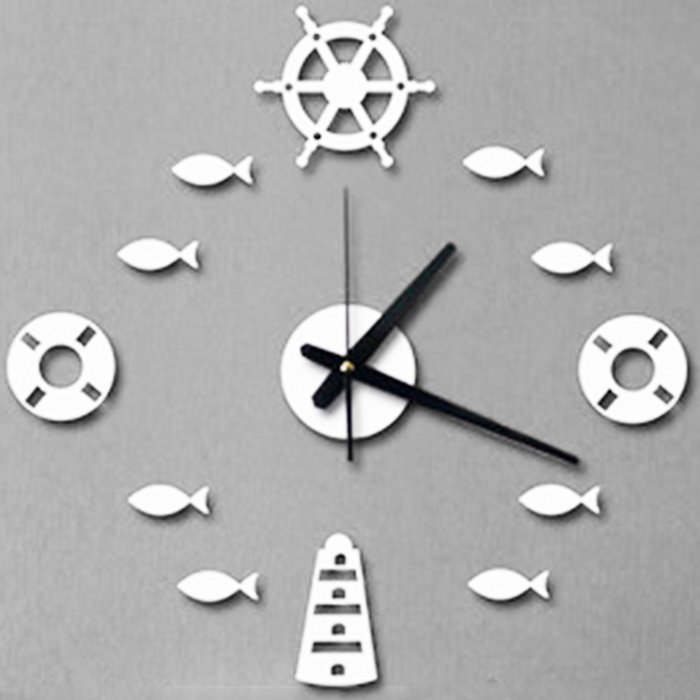 MuLuo Mediterranean DIY Rudder Fish Lifebuoy Wall Clock 3D Wall Stickers Watches Home Decor silver N3
