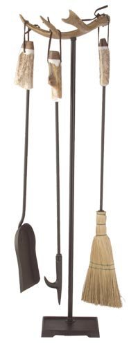 Antler fireplace set w/metal base/straw broom. Real Deer Antler top Stand 34" Tall, Tools 26" long