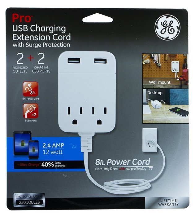 GE USB Charging Extension Cord with Surge Protection, 2 Outlet, 2 USB, 2.4A/12W, 12 ft. Cord, White, 32089 N3