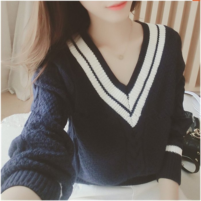 Spritech(TM) Fashion Korea Women's V-Neck Long Sleeve Knite Loose Fit Pullover Sweater White