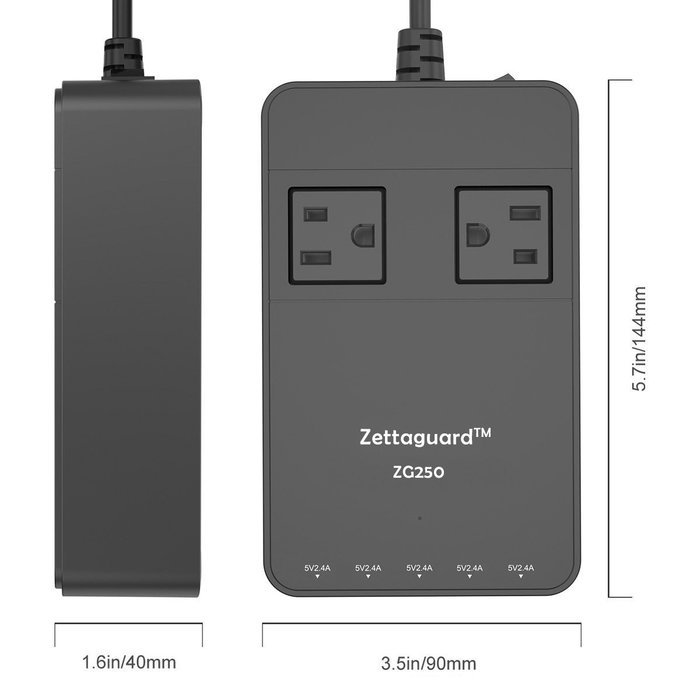 Zettaguard Mini 2-Outlet Travel Power Strip / Surge Protector with USB Charger / USB Charging Station (5-Port... N16