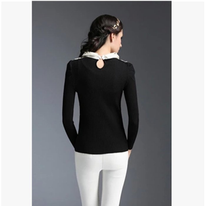 Spritech(TM) Fashion Women Thicken Basic Warm Crystal Pearl Doll Collar Long Puff Sleeve Slim Fit Velvet Sweater...