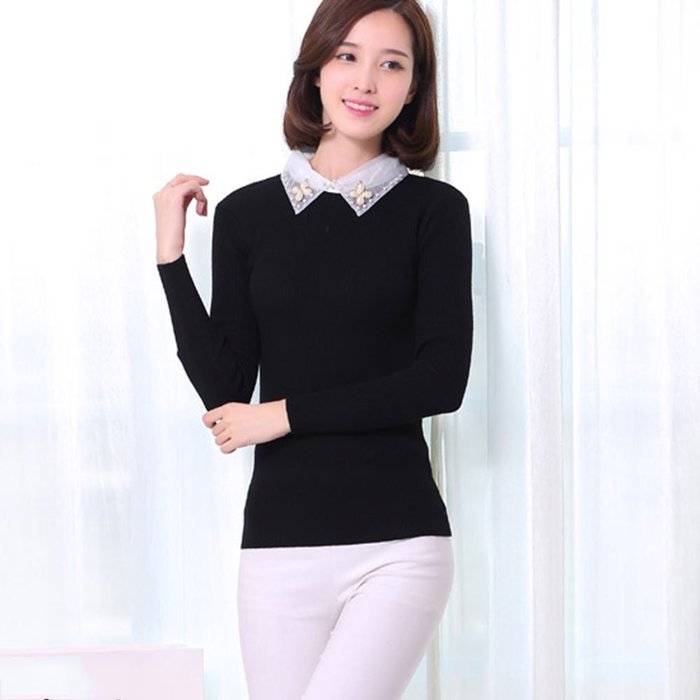 Spritech(TM) Fashion Women Thicken Basic Warm Crystal Pearl Doll Collar Long Puff Sleeve Slim Fit Velvet Sweater... N2