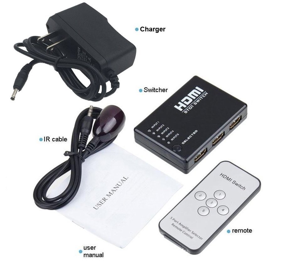 Itinlu HDMI-5Port Switch Switcher Splitter with IR Remote for HDTV DVD PS3 XBox 360 without the Power Adapter N8