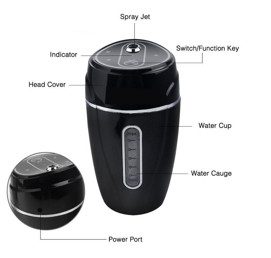 Discountedtous Mini 180ML Travel and Car USB Air Humidifier Vehicle Mounted Humidifier for Car/Office/Home (Black)